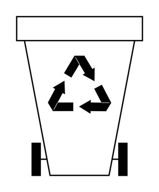 Üç geri dönüşüm okunun bir üçgen oluşturduğu tekerlekli bir geri dönüşüm kutusunun siyah ve beyaz görüntüsü. Çevresel farkındalık, atık yönetimi, geri dönüşüm programları, sürdürülebilirlik, ec