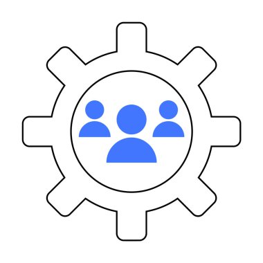 İçinde üç insan silueti olan teçhizat, teknolojik bir çerçevede takım çalışmasını ve verimliliği simgeliyor. İş süreçleri, takım çalışması dinamikleri, yönetim, teknoloji entegrasyonu ve