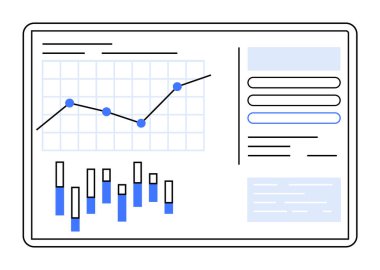 Çizgi ve çubuk grafikleri, veri noktaları ve arayüz elemanlarıyla dijital bir gösterge paneli. Veri analizi, sunumlar, iş raporları, finans ve araştırma için ideal. Minimalist düz vektör biçimi.