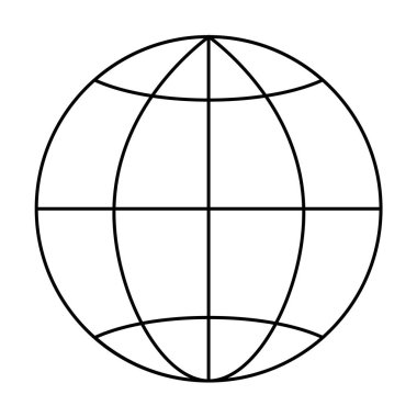 Kesişen şebeke çizgileri olan bir kürenin siyah beyaz çizgisi. Coğrafi temalar, küresel bağlantı, teknolojik gelişmeler, eğitim ve seyahat ile ilgili kavramlar için idealdir. Minimalist
