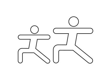 Yoga pozlarında iki kişi gösteriliyor. Sağlık, egzersiz, fitness, sağlık ve farkındalık konuları için idealdir. Siyah ve beyaz olarak basit ve net bir çizgi çizimi