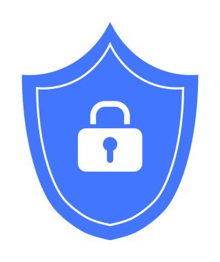 Merkezinde beyaz kilit olan mavi kalkan ikonu, güvenlik ve güvenliği simgeliyor. Çevrimiçi güvenlik, veri koruması, siber güvenlik, mahremiyet ve antivirüs temaları için ideal. Düz tasarım biçimi.