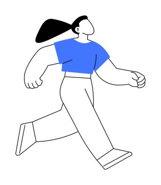 Siyah saçlı, mavi gömlekli ve beyaz pantolonlu bir kadın. Fitness, aktivite, motivasyon, sağlıklı yaşam tarzı ve hareket temaları için ideal. Temiz vektör biçimi.