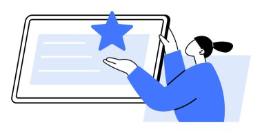 Tablet ekranında bir yıldızı işaret eden kişi. Eğitim, başarı, dijital öğrenme, takdir, ödüller için idealdir. Basit, temiz vektör.
