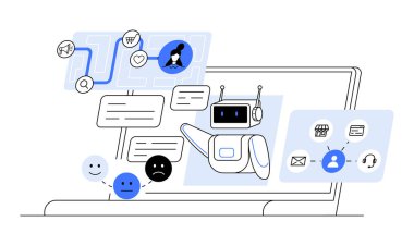 Bir dijital robot, simgeler ve sohbet baloncuklarıyla çevrili bir bilgisayar ekranındaki kullanıcılarla etkileşime girer. Teknoloji yenilikçi iletişim tasarımı için ideal AI entegrasyon müşteri servisi ve kullanıcı