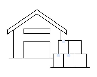 Dışarıda kutular sergilenen bir depo. Depolama, lojistik, envanter yönetimi, iş operasyonları ve tedarik zinciri gibi konular için idealdir. Basit satır sanatı tarzı