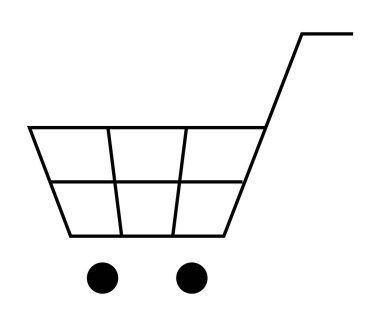 Dört çubuklu, iki tekerlekli ve saplı siyah beyaz bir alışveriş arabası. Ecommerce, perakende, online alışveriş, mağaza arayüzü tasarımı, basit logolar için idealdir. Taslak, temiz ve modern stil.