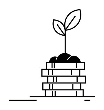 Madeni para yığınından filizlenen yapraklı bir bitki, finansal büyüme, yatırım, sürdürülebilirlik ve tarım refahı gibi kavramları vurguluyor. İş büyümesi için ideal çevre koşulları