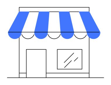 Temiz, minimal, beyaz duvarları, mavi çizgili tenteleri ve geniş penceresi olan küçük bir dükkanın önü. Perakende, alışveriş, küçük işletme, girişimcilik, vitrin tabelası ve d vektörü için ideal