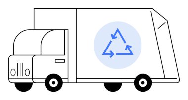 Mavi geri dönüşüm sembollü bir çöp kamyonu, çevre dostu uygulamalar, atık yönetimi ve sürdürülebilirliğe dikkat çekiyor. Atık yönetimi eğitimi için ideal, çevre bilinci, yeşil