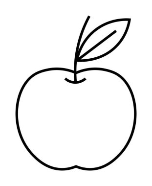 Sapına tek bir yaprak yapışmış bir elmanın minimalist siyah beyaz çizimi. Eğitim materyalleri, sağlıklı beslenme promosyonları, yemek kitapları, logo tasarımı ve çocuklar için ideal