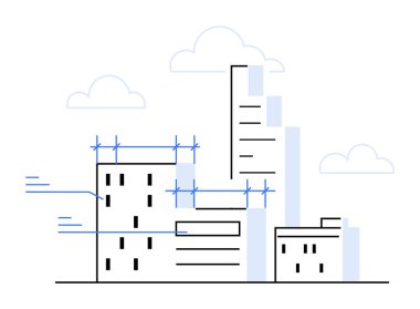 Binaları, inşaat hatları, bulutları olan minimalist şehir manzarası. Mimarlık, mühendislik, şehir planlama, inşaat, emlak için ideal. Basit temiz tasarım