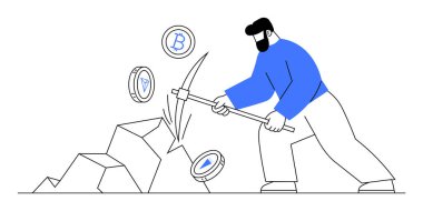 Kazmalı bir adam kayaların yanında Ethereum madeni paraları çıkarıyor. Kripto para birimi, engelleme zinciri, dijital finans, yatırım ve madencilik teknolojisi için ideal. Basitleştirilmiş biçim.