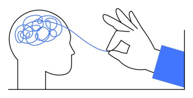 Bir el, insanın kafasındaki mavi bir çizgiyi çözer ve düşünceleri basitleştirir. Akıl sağlığı, problem çözme, farkındalık, bilişsel berraklık ve kişisel gelişim için idealdir. Basit, temiz.,