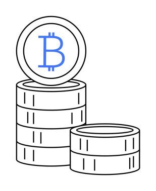 Minimalist tarzda bincoin logosu olan bozuk paralar. Engelleme zinciri, kripto para birimi, dijital finans, bitcoin ve yatırımlar için ideal. Siyah ve mavi, vektör biçimi.