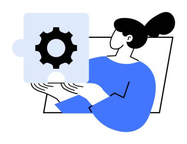 Basit bir insan bulmaca parçasını vites simgesiyle tutuyor. Takım çalışması, problem çözme, yenilik, işbirliği, proje yönetimi için ideal. Minimalist stil.