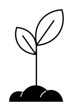 Topraktan büyüyen iki yaprağı olan genç bir bitkinin basit çizimi. Bahçıvanlık, tarım, sürdürülebilirlik, büyüme ve doğa temaları için idealdir. Siyah vektör biçimi.