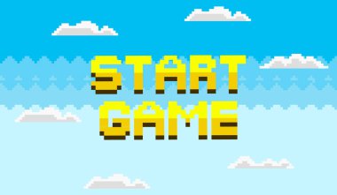 Siyah gölgeli büyük sarı 8-bit metin start Game dağınık beyaz bulutlu parlak mavi pikselli gökyüzüne karşı görünür. Retro oyun, piksel sanatı, atari oyunları, indie oyun tasarımı, oyun için ideal