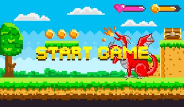 İçinde ejderha, bozuk para ve START oyun metni olan Retro video oyunu ekranı. Klasik oyun, fantezi teması, macera, pikselin sanat tasarımı ve nostaljik medya için ideal