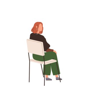 Kısa kızıl saçlı bir kadın beyaz bir sandalyede oturuyor, siyah bir bluz ve yeşil pantolon giyiyor. Moda, günlük tarz, rahatlama, yalnızlık ve modern sanat temaları için idealdir. Minimalist vektör sanat biçimi