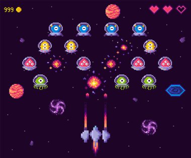 Uzay gemisinin uzaylıları ve UFO 'ları pikselli bir şekilde vurduğu oyun sahnesi. Kalpler, skor ve neon elementler mevcut. Arka planda patlamalar ve renkli gezegenler var. Oyun ve retro için ideal