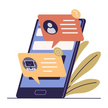 Cep telefonu ekranında iki konuşma balonu beliriyor. Bir mesaj bir avatarı, diğeri de bir chatbot ikonunu gösteriyor. Müşteri desteği, yapay zeka teknolojisi, iletişim, mobil uygulamalar ve