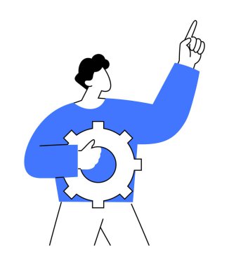 Yukarıya doğru işaret ederken vites tutan kişi ilerlemeyi, yeniliği ve problem çözmeyi sembolize ediyor. Sunum, iş, teknoloji, eğitim ve pazarlama için ideal. Modern minimalist stil