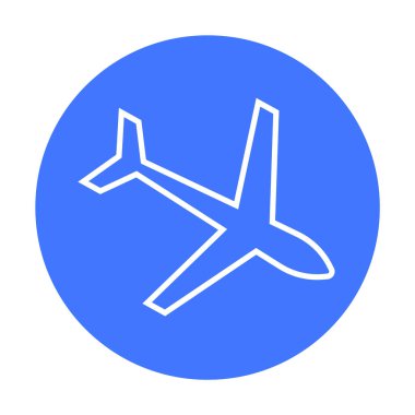 Mavi daireli beyaz bir uçak silueti. Seyahat, havacılık, havayolu hizmetleri, ulaşım ve navigasyon temaları için ideal. Temiz ve minimalist tarzda. Dijital uygulamalar için mükemmel