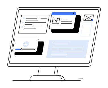 E- posta, resim, video ve metin öğeleri içeren masaüstü bilgisayar ekranı. Web tasarımı için ideal, dijital pazarlama, çevrimiçi öğrenme, kullanıcı arayüzü tasarımı, üretkenlik araçları. Basit, minimalist, vektör