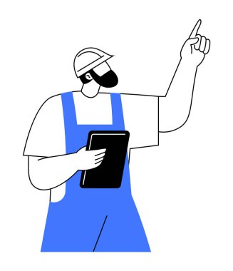 Başlık takan ve mavi tulumlu bir inşaat işçisi tableti tutuyor ve tek parmakla yukarı bakıyor. İnşaat, güvenlik, mühendislik, mimari, proje yönetimi için ideal. Basit.