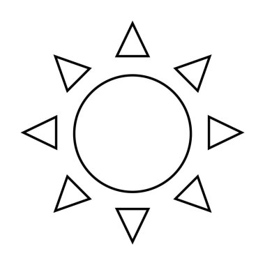 Merkezi dairesi olan siyah çizgili güneş, sekiz üçgen ışınla çevrili. Hava durumu grafikleri, yaz promosyonları, çocuk tasarımları, minimalist sanat, eğitim malzemeleri için ideal. Basit satır