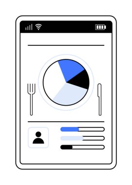 Bir mobil ekranda pasta grafiği, yemek simgeleri ve ilerleme çubukları ile beslenme izleme arayüzü görüntülenir. Sağlık uygulamaları, diyet planlaması, fitness izleme, mobil kullanılabilirlik, kullanıcı arayüzü tasarımı için ideal