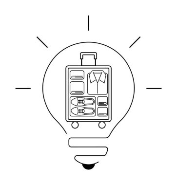 İçinde bavul olan bir ampul. Gömlek, ayakkabı ve aksesuar gibi eşyalarla dolu. Seyahat, organizasyon, minimalizm, verimlilik ve yenilik için ideal. Modern minimalist stil.