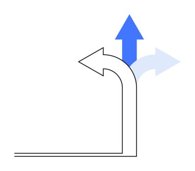 Üç ok kesişiyor, farklı yönlerde seçenekler sunuyor. Katı siyah sola dönerken, mavi ve açık mavi ileri. İş, strateji, karar verme, navigasyon için ideal