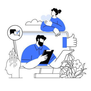 Erkek ve kadın büyük boyutlu dijital ekran etrafında etkileşime girer. Konuşma baloncuğu işaretli. Yukarı doğru oklu grafikler. Mavi başparmak ikonu. Çiçek gibi doğa unsurları. Takım çalışması için ideal, dijital