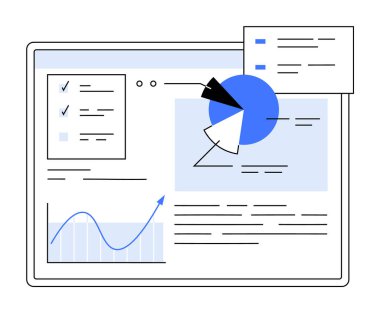 Veri analizini vurgulayan çizelgeler, grafikler ve belgeler içeren bilgisayar ekranı. Sunumlar, raporlar, iş analizleri, proje takibi, performans değerlendirmesi için ideal. Temiz, modern stil.