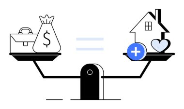 Balanced scale with a money bag and briefcase on one side, a house and heart on the other. Ideal for work-life balance, finance management, health, home, and equality themes. Minimalist vector style. clipart