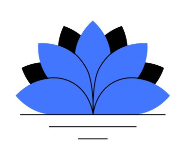 Tabanında siyah taç yaprakları olan mavi nilüfer çiçeği beyaz arka planda üç yatay çizginin üzerine yerleştirilmiş. Farkındalık, meditasyon, doğa, sükunet ve maneviyat için ideal. Minimalist vektör