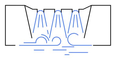 Şelaleli baraj yapısı. Mühendislik, su yönetimi, yenilenebilir enerji, sürdürülebilirlik ve çevre koruma kavramları için idealdir. Basit satır sanatı tarzı.