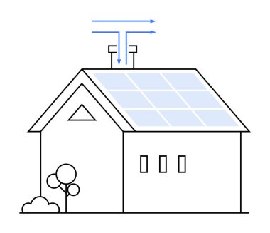 Çatıda güneş panelleri ve havalandırma okları olan küçük bir ev. Mansard pencereleri ve ağaçları. Sürdürülebilir enerji, yenilenebilir kaynaklar, çevre dostu yaşam, enerji verimliliği, modern ev teknolojisi için ideal