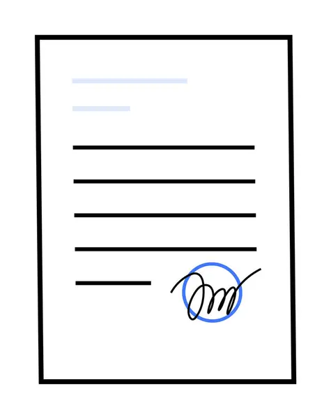 stock vector White sheet of paper with black lines and a signature in blue and black at the bottom. Ideal for documents, agreements, contracts, signatures, legal forms. Minimalist style.