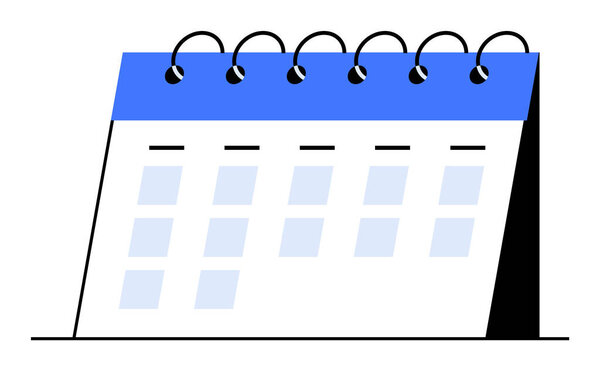 Минималистский, спиральный настольный календарь с голубым заголовком и белыми страницами. Идеально подходит для планирования, управления временем, планирования, назначений и отслеживания событий. Простой векторный стиль.