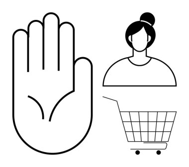 El hareketi, kadın profili ve basit bir alışveriş arabası. İletişim, müşteri hizmetleri, alışveriş, e-ticaret ve sosyal etkileşim için ideal. Kalın çizgiler, minimalist stil.