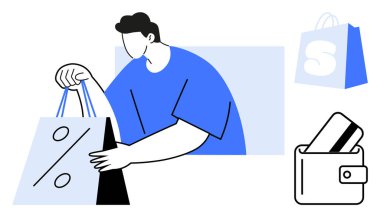 İndirim sembollü bir alışveriş çantası, arka planda başka bir çanta ve kredi kartı olan bir cüzdan tutan biri. E-ticaret, alışveriş, indirimler, çevrimiçi ödeme ve perakende temaları için ideal