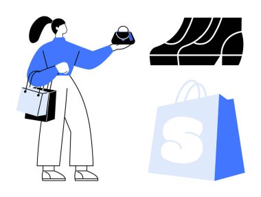 Alışveriş torbalarıyla ayakkabı tutan bir kadın. Ayakkabı rafı ve büyük bir alışveriş çantası olan bir arka plan. Moda, perakende, tüketici davranışı, modern yaşam tarzı ve online alışveriş için ideal. Modern minimal biçim