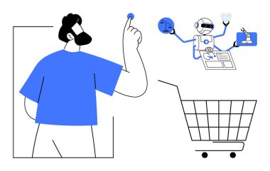 Dijital dünya robotlarıyla etkileşim halinde olan adam grafikleri analiz ediyor ve çeşitli aletleri online alışveriş arabaları kullanıyor. E-ticaret teknolojisi otomasyonu için ideal çevrimiçi trendler dijital pazarlama yeniliği
