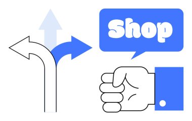 Dükkan metninin bulunduğu mavi bir konuşma balonunun yanında farklı yönlerdeki üç oku işaret ediyor. İş için ideal, e-ticaret, navigasyon, pazarlama, karar verme. Basit temiz biçim