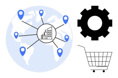 İğneler, dişliler ve bir alışveriş arabası ikonu ile birden fazla yere bağlanan fabrikalı dünya haritası. Küresel lojistik, tedarik zinciri yönetimi, üretim, üretkenlik ve e-ticaret için ideal
