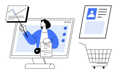 Bilgisayarda elinde bir pano olan bir grafiği işaret eden kişi. Yakınlarda bir alışveriş arabası ve çevrimiçi bir profil görülüyor. Çevrimiçi eğitim, e-ticaret, webinarlar, dijital pazarlama için ideal