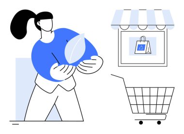 Çevre dostu alışveriş torbası ikonu ve alışveriş arabası olan bir dükkanın önünde yaprak tutan bir kadın. Çevresel sürdürülebilirlik için ideal çevre dostu alışveriş tüketicisi davranış perakende sektörü